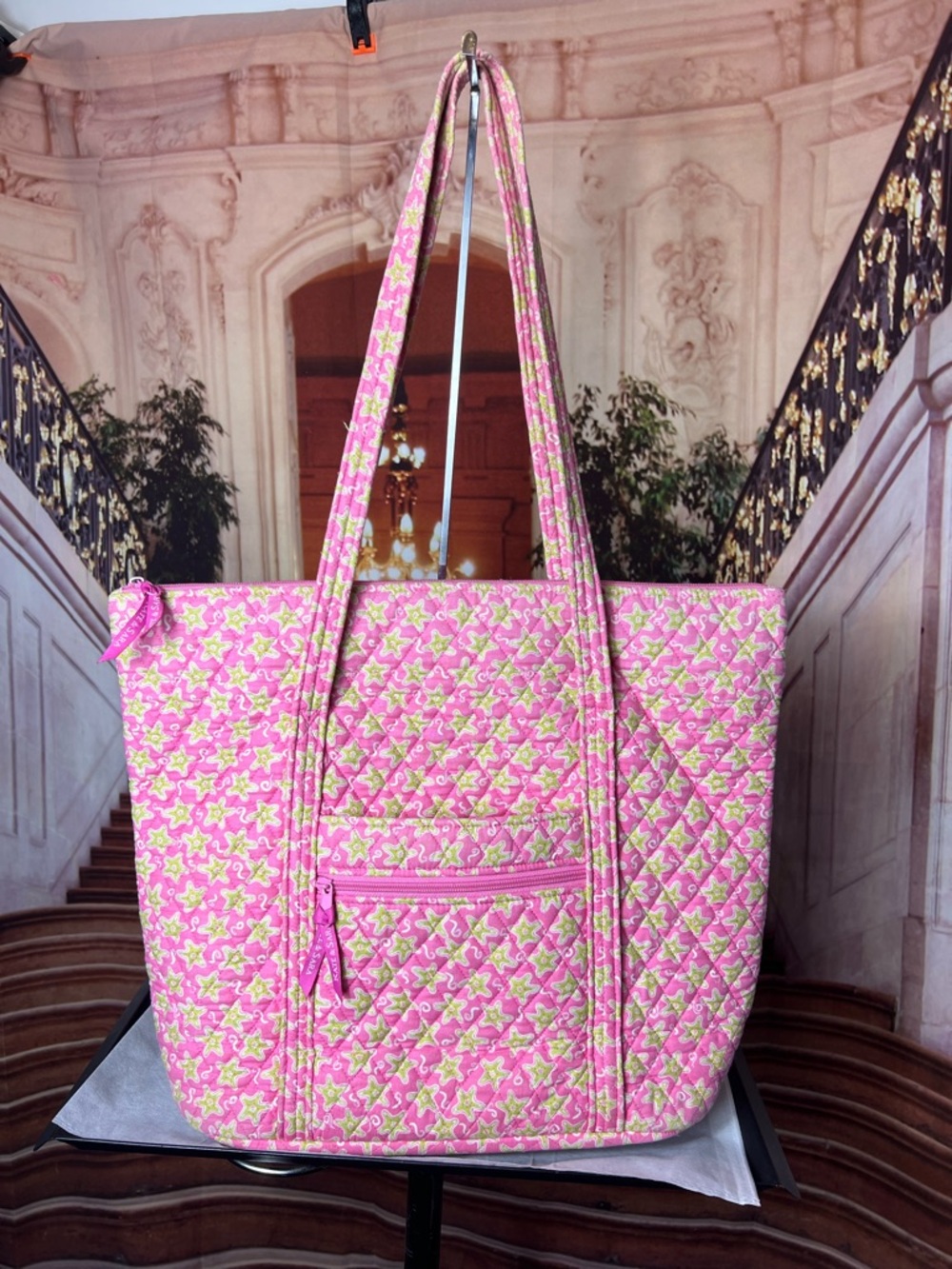 Kate & Sara Pink Quilted Star-Print Travel Tote Bag, Large Organizer, Top Zip